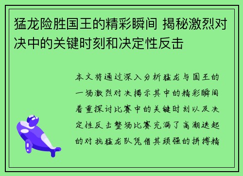 猛龙险胜国王的精彩瞬间 揭秘激烈对决中的关键时刻和决定性反击